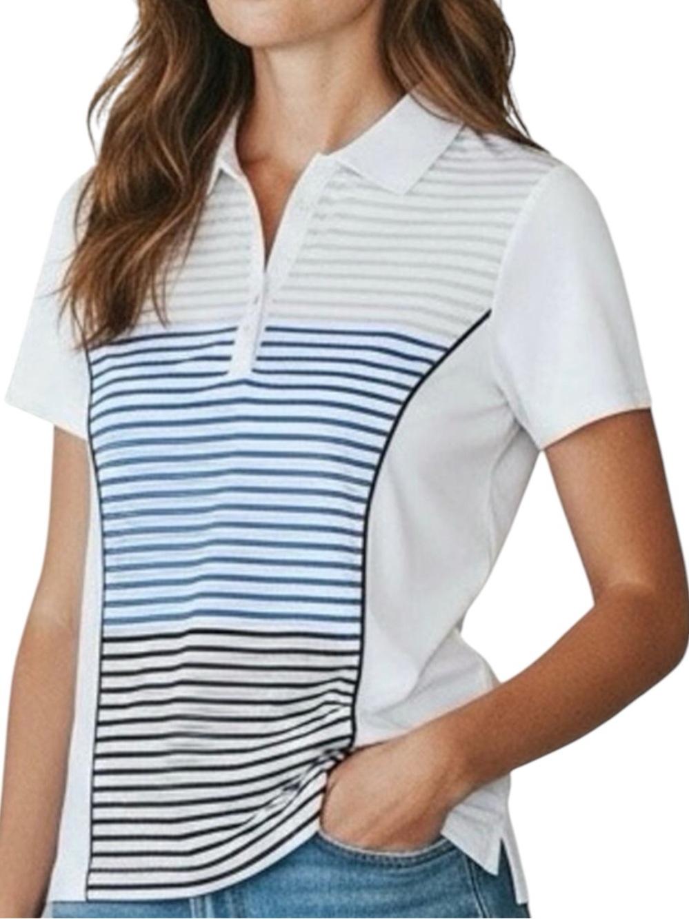 Zenergy Golf by Chico’s White Golf Polo With Silver & Blue Stripes | EUC